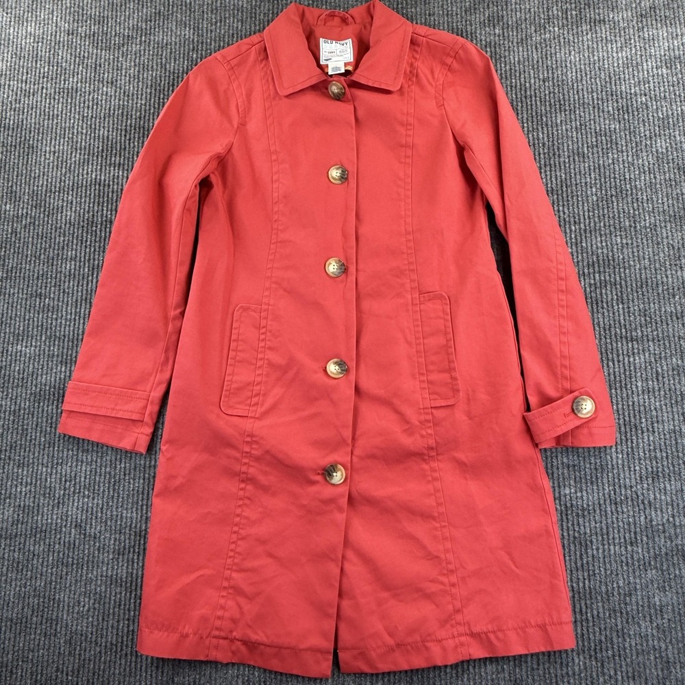 Old Navy Coat Womens Small Red Canvas Cotton Button Front Mid Length Trench Coat